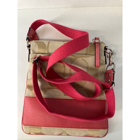COACH SMALL TAN, PINK SIGNATURE CANVAS WOMENS CROSSBODY BAG - Picture 14 of 16